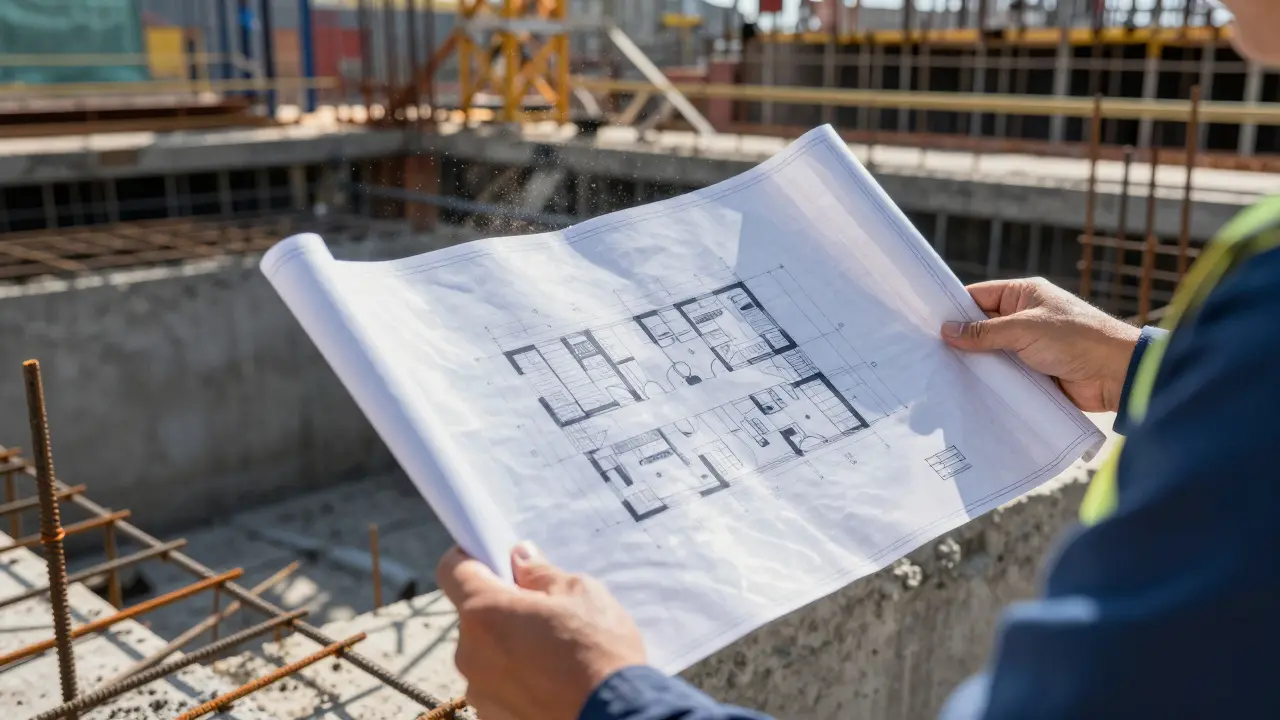 Planos arquitectónicos superpuestos sobre cimentación de concreto y acero