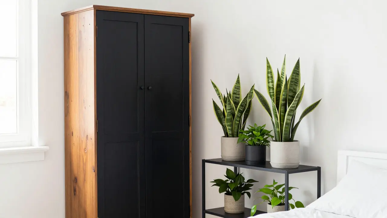 Rincón sostenible con mueble restaurado y plantas de interior