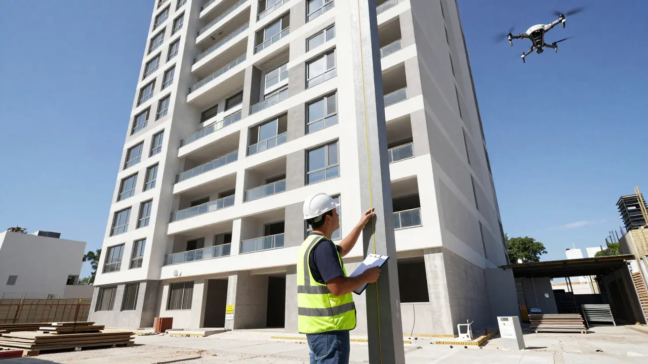 Supervisor independiente verificando columnas con nivel y dron en construcción