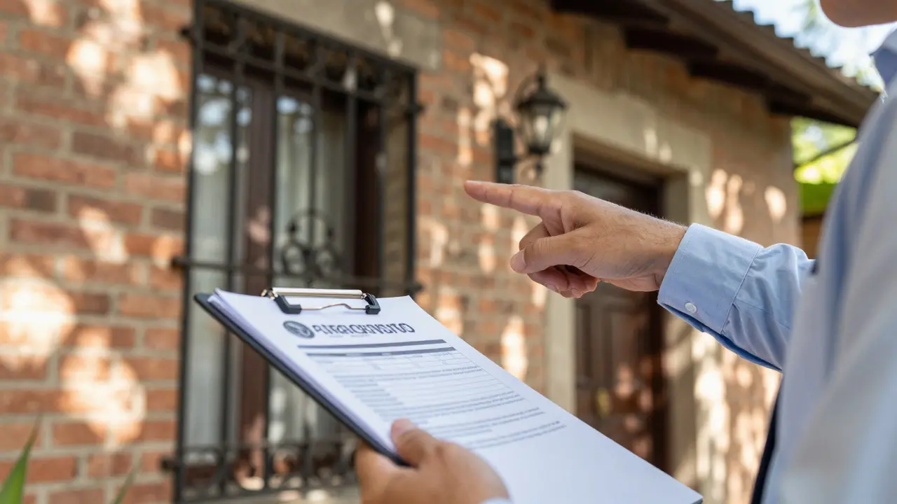 Tasador evaluando detalles arquitectónicos de una propiedad