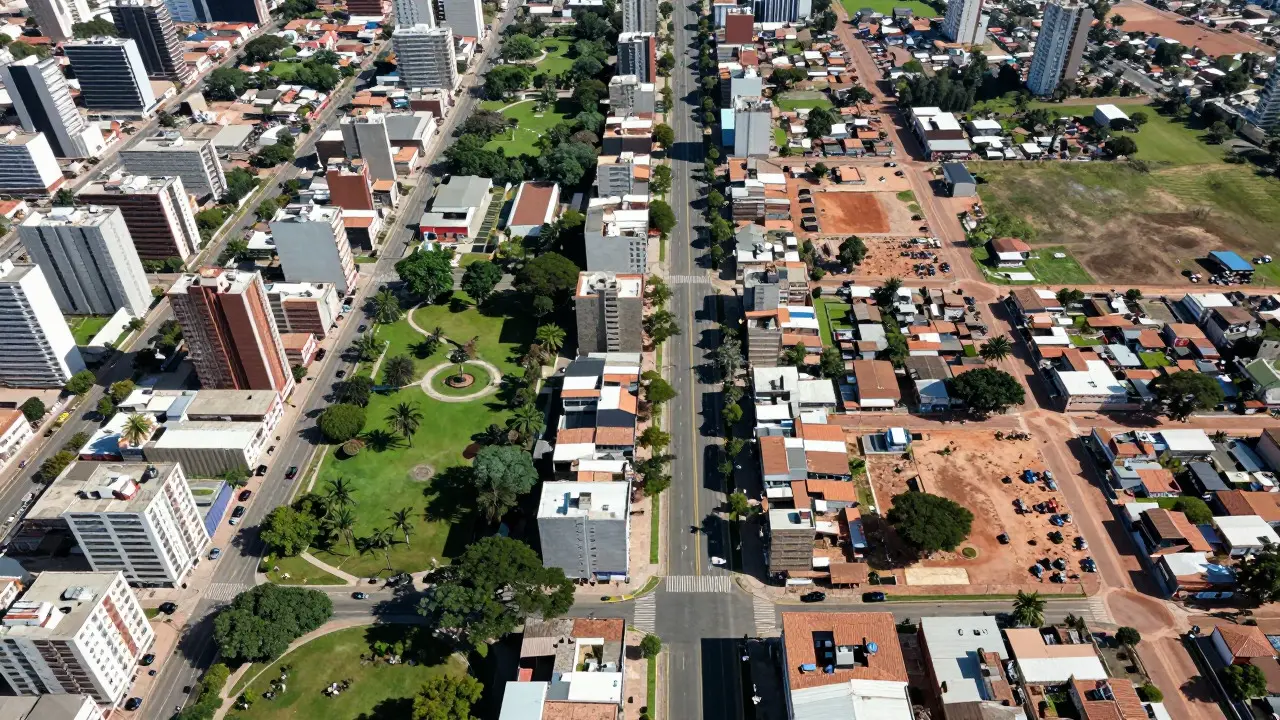 Aerial view comparing established central neighborhood with expanding periphery