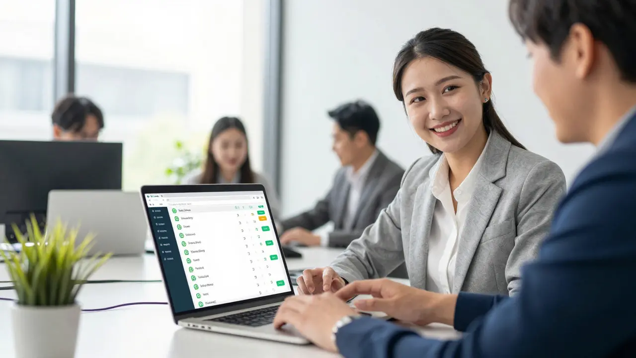 Agente inmobiliario feliz usando CRM integrado con WhatsApp en oficina moderna