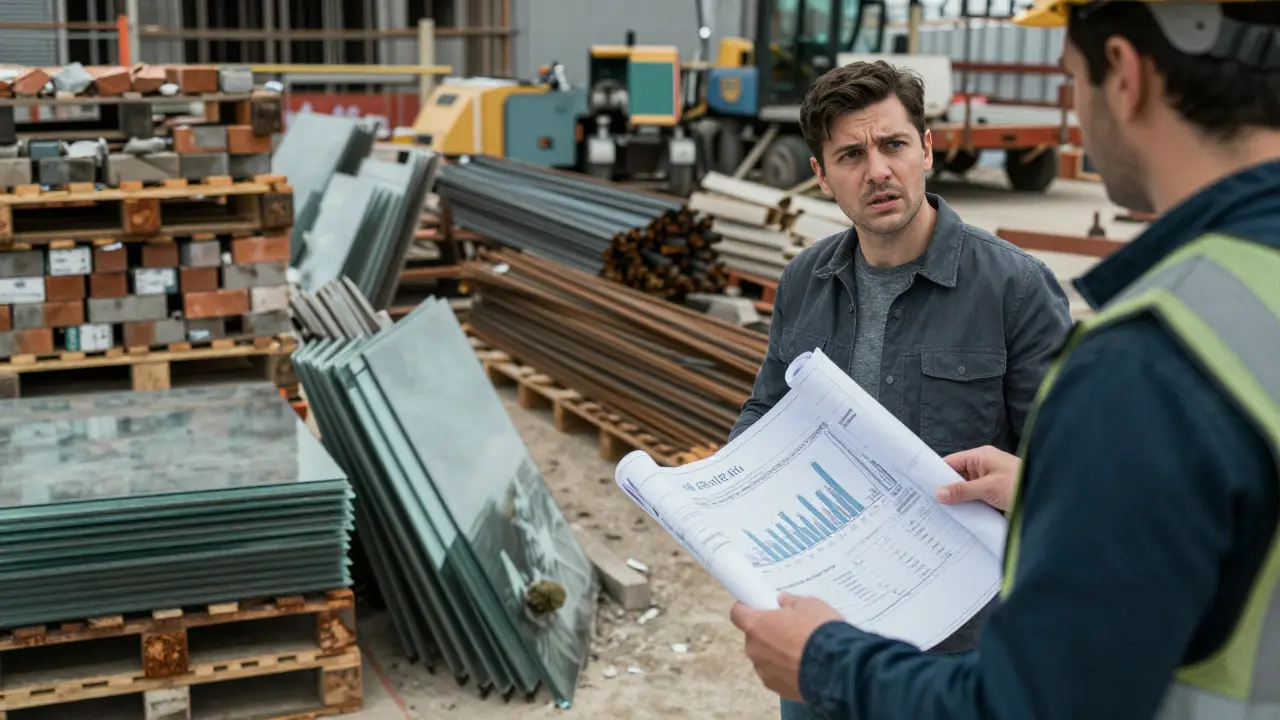 Arquitecto preocupado entre materiales de construcción desorganizados en obra