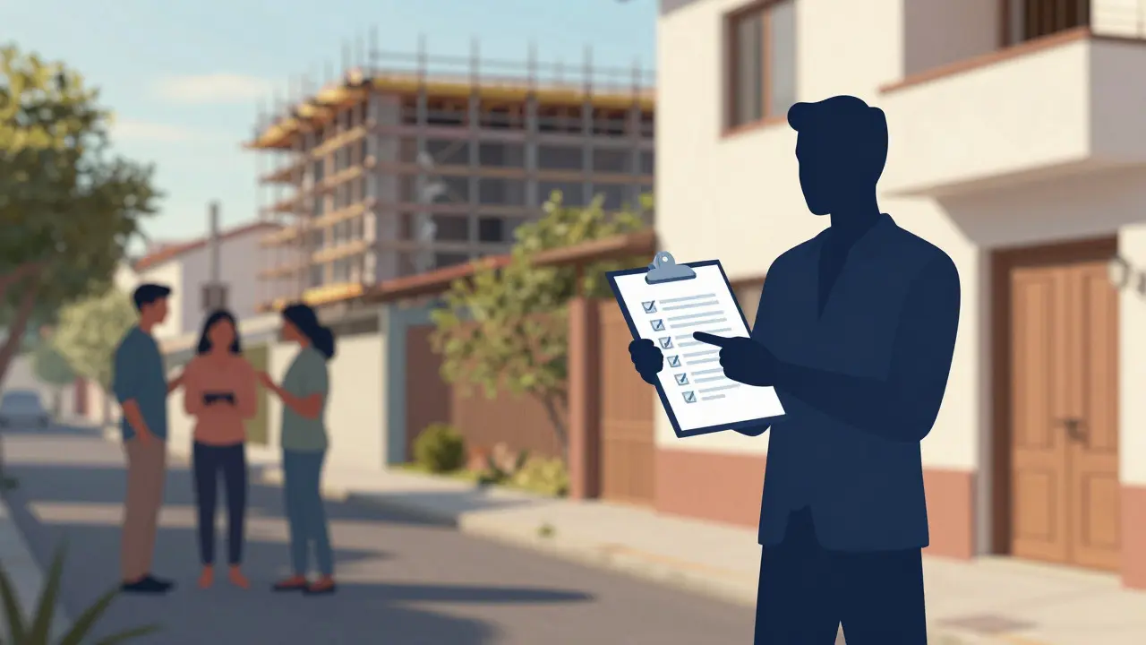 Comprador analizando el entorno del barrio y obras públicas cercanas