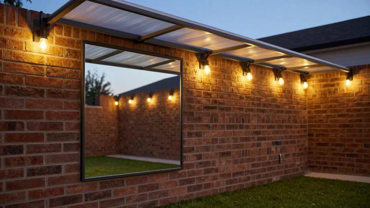 Courtyard at dusk with mirror, LED lights, and retractable awning