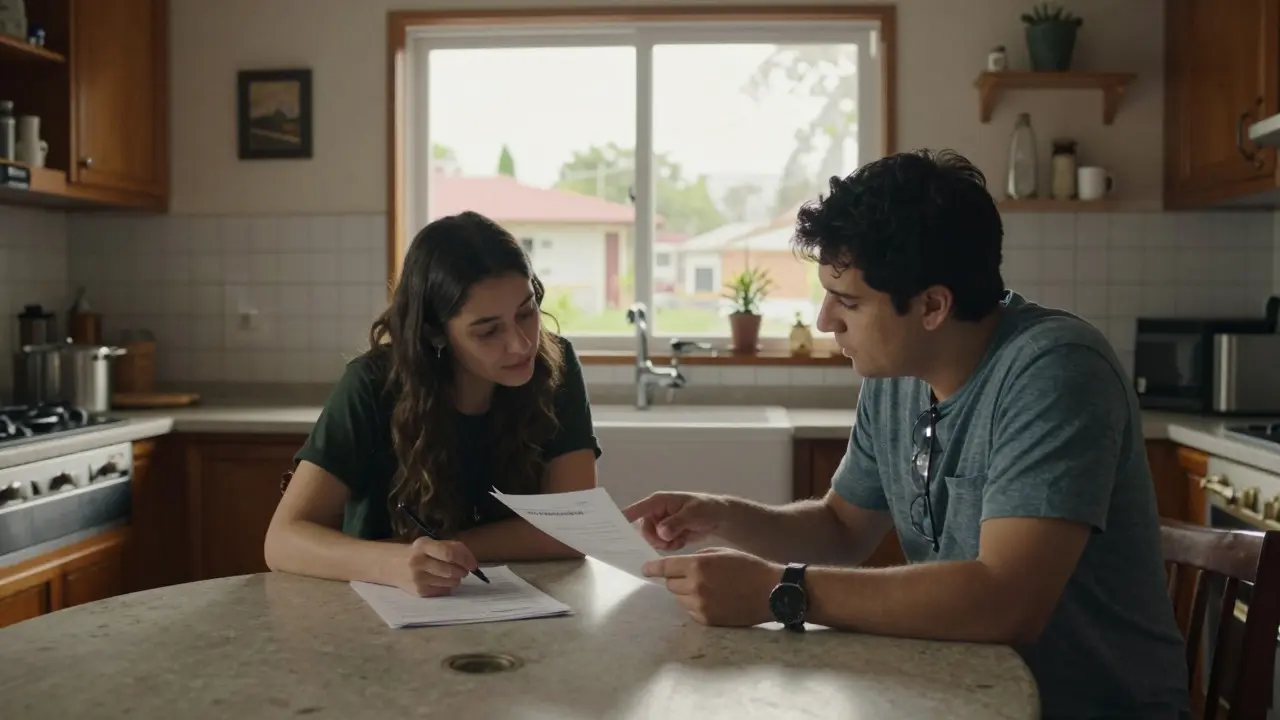 Dos personas revisando documentos juntos en una mesa para buscar vivienda
