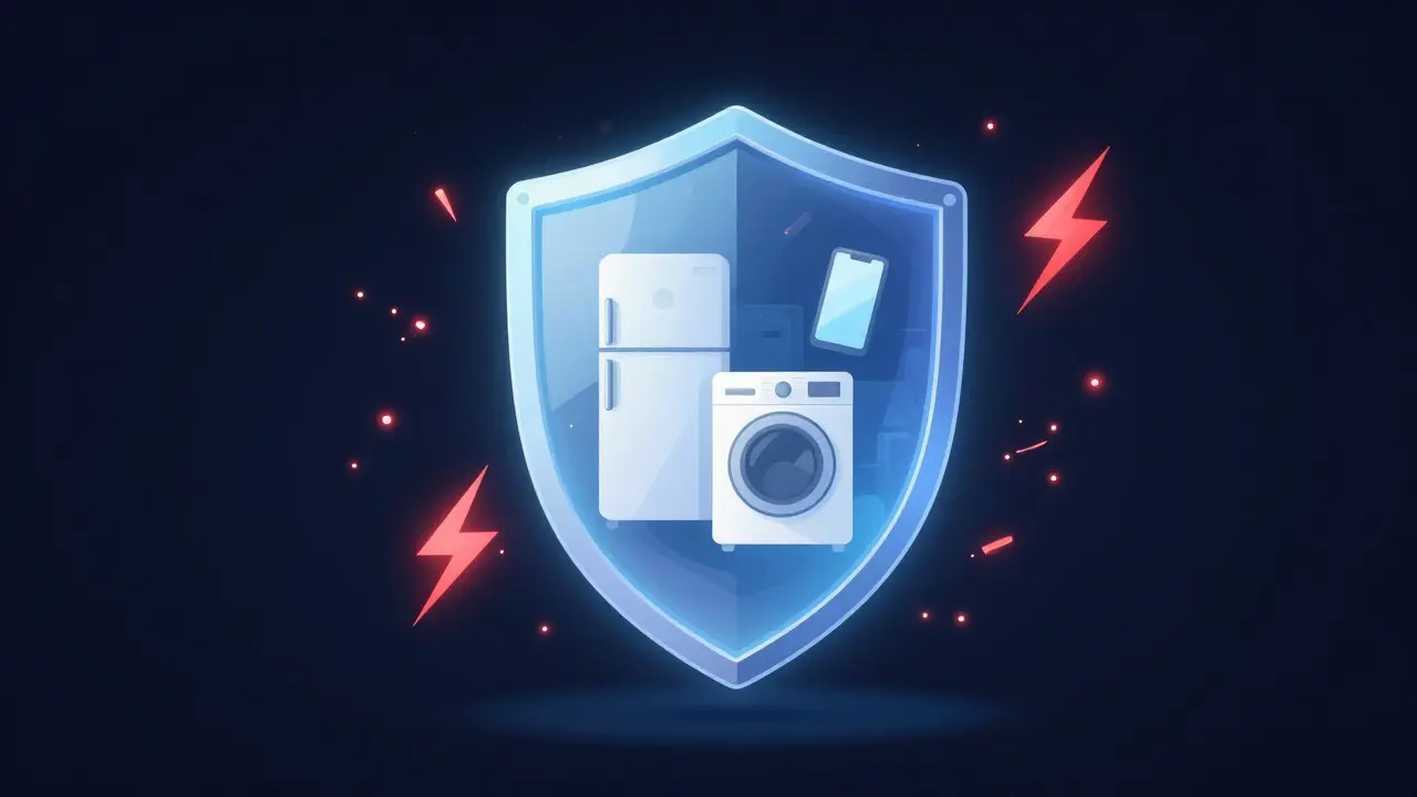 Escudo luminoso protegiendo electrodomésticos de rayos y chispas eléctricas