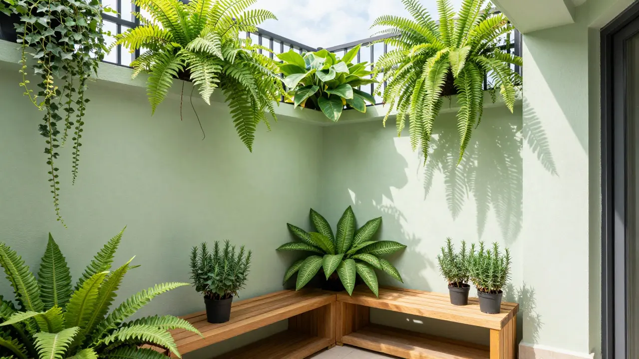 Green urban garden in a small internal patio with plants and bench