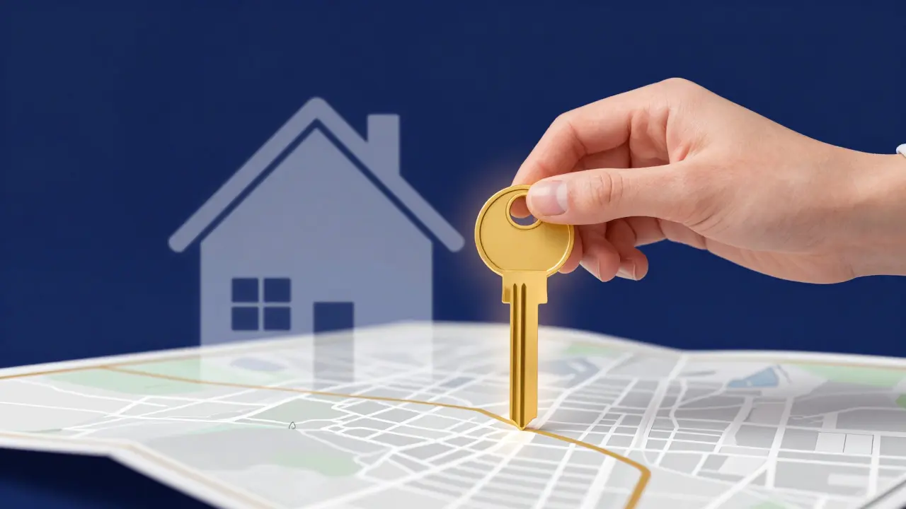Hand holding a golden key over a city map with a fading house silhouette