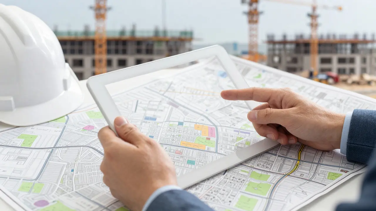 Hands analyzing a city map with construction site in background
