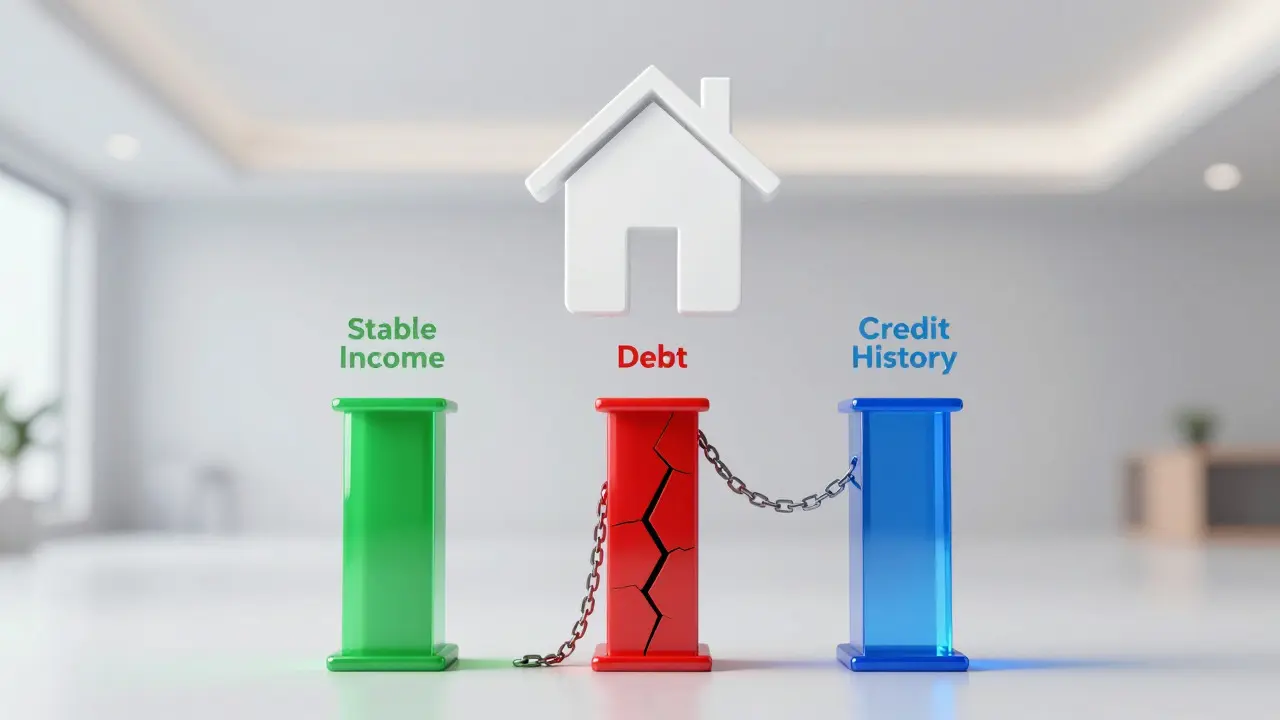 Ilustración 3D de tres pilares financieros sosteniendo una casa