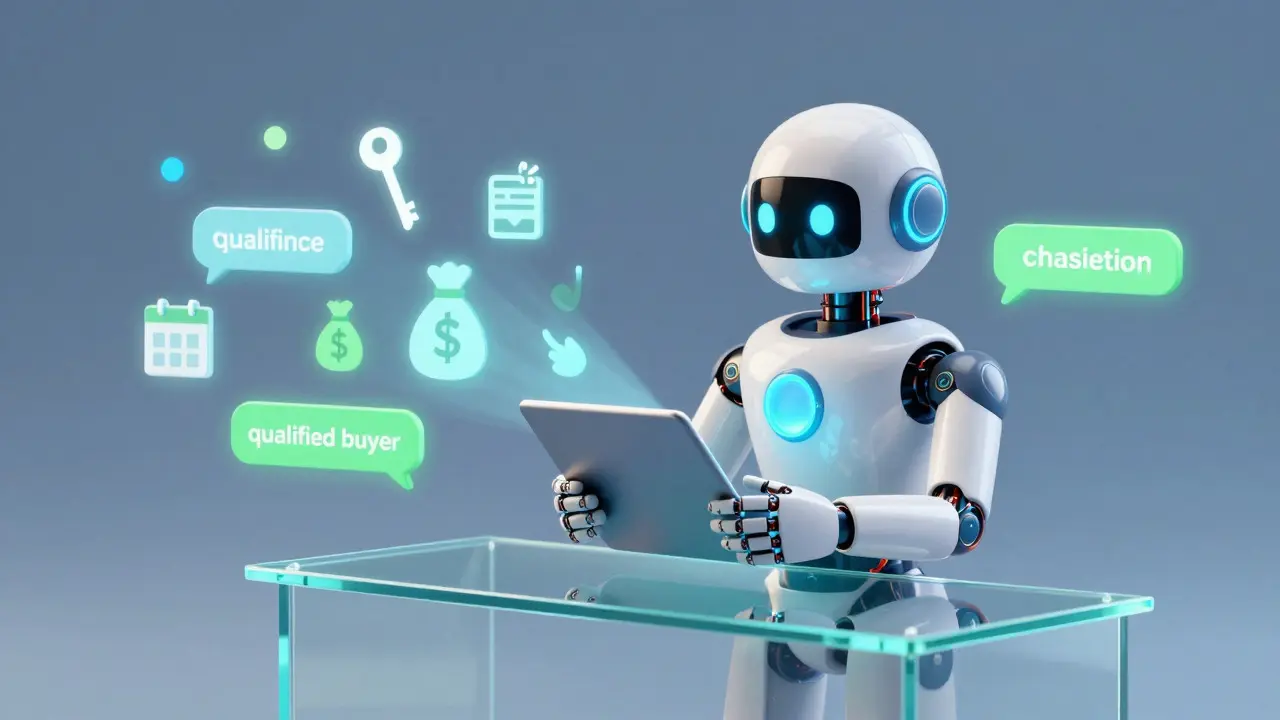 Ilustración conceptual de chatbot filtrando prospectos calificados para bienes raíces