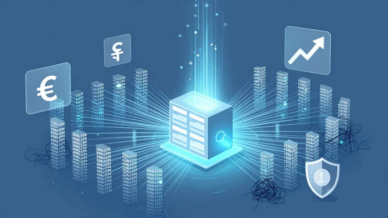 Ilustración conceptual de datos económicos fluyendo desde un nodo central hacia columnas ordenadas