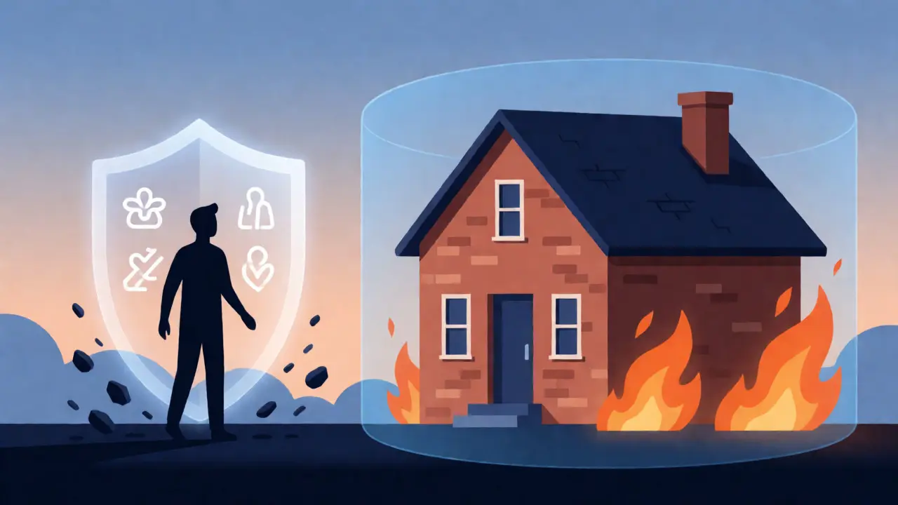 Ilustración conceptual de escudos protegiendo una persona y una casa del fuego