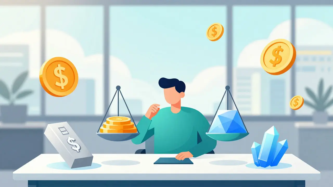 Ilustración conceptual de una persona equilibrando diferentes tipos de moneda y tasas financieras