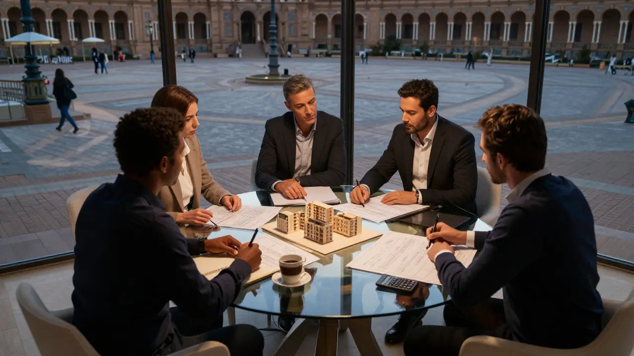 Investors discussing property blueprints and models around a glass table