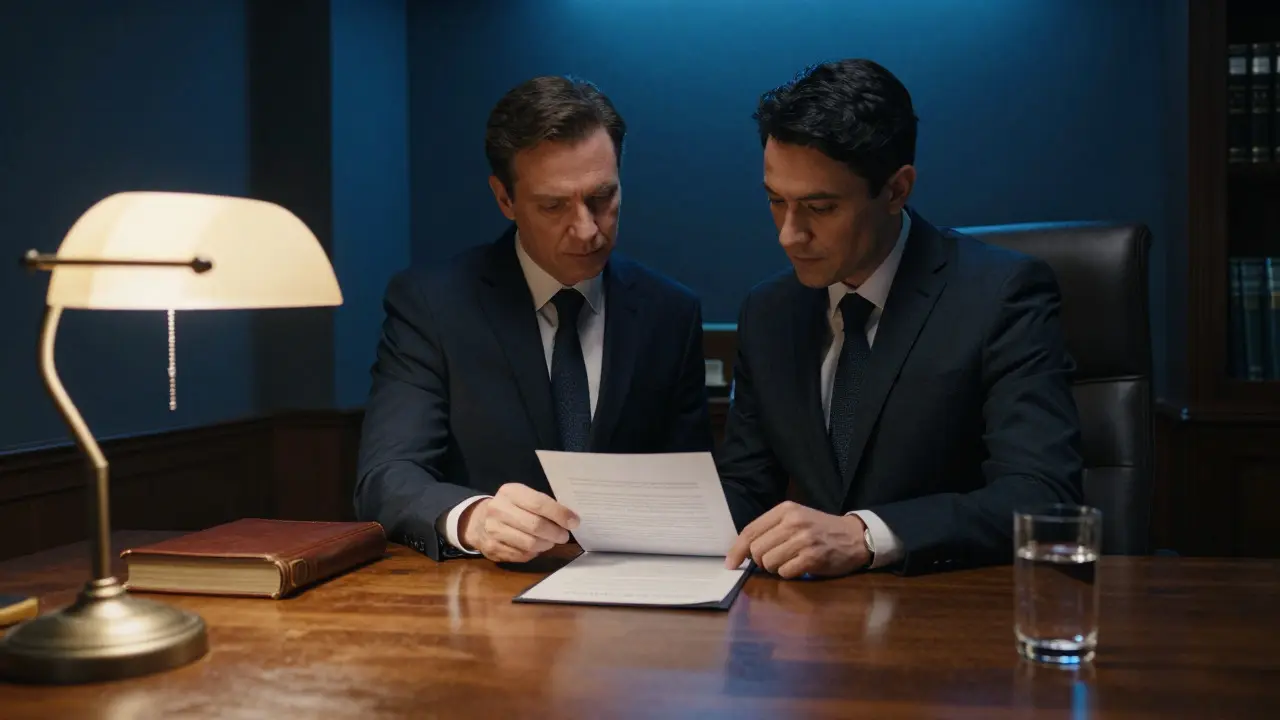 Lawyer and notary reviewing a contract in a professional office setting