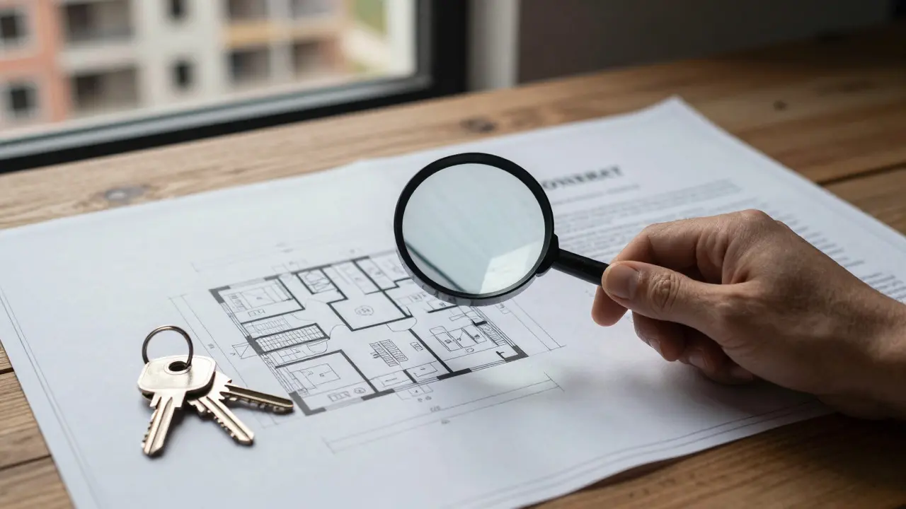 Mano con lupa revisando planos arquitectónicos y llaves