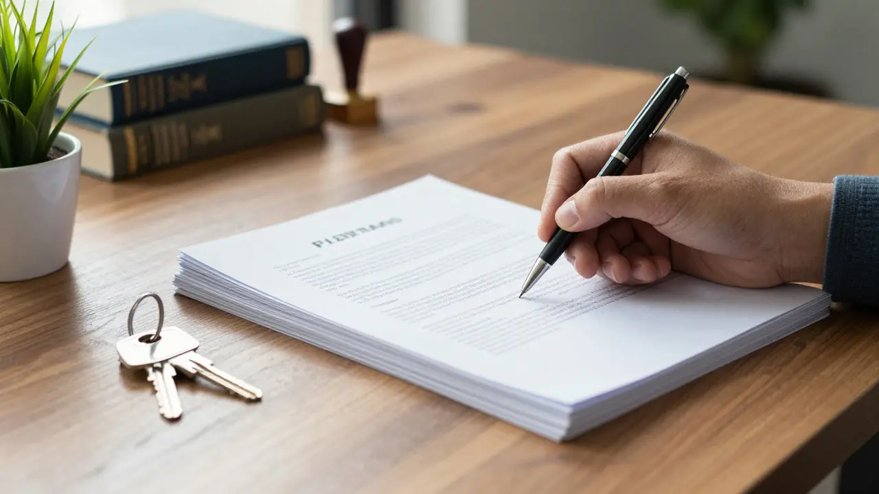 Mano firmando documentos legales junto a unas llaves de casa sobre una mesa de madera