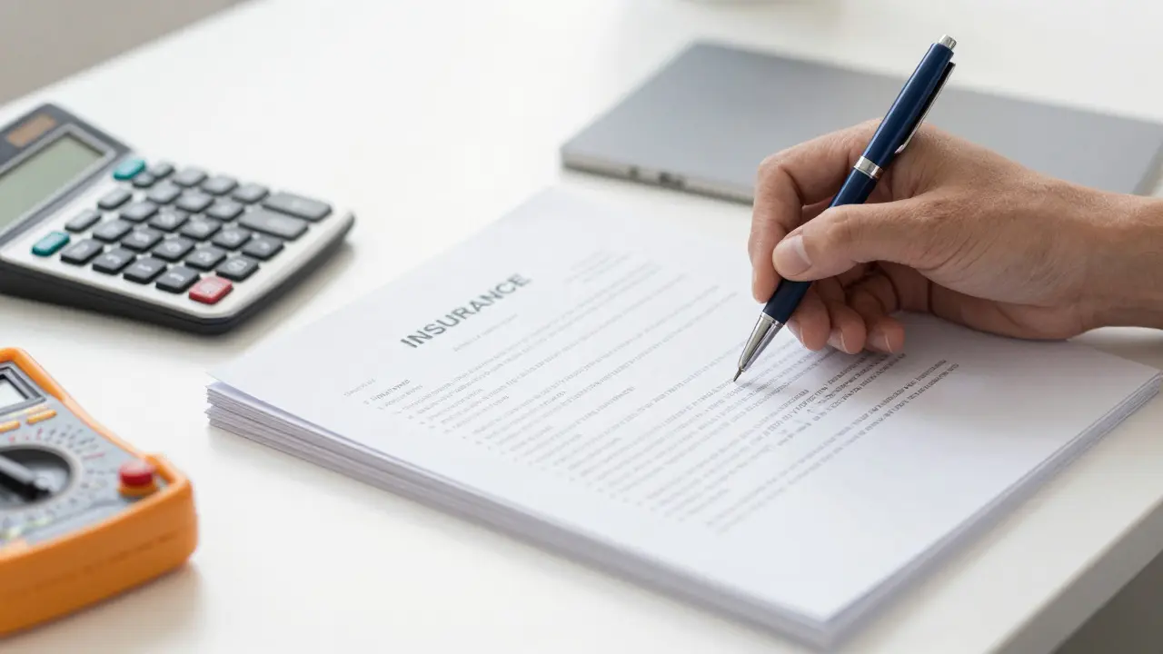 Mano revisando papeles de seguro y calculadora sobre un escritorio blanco