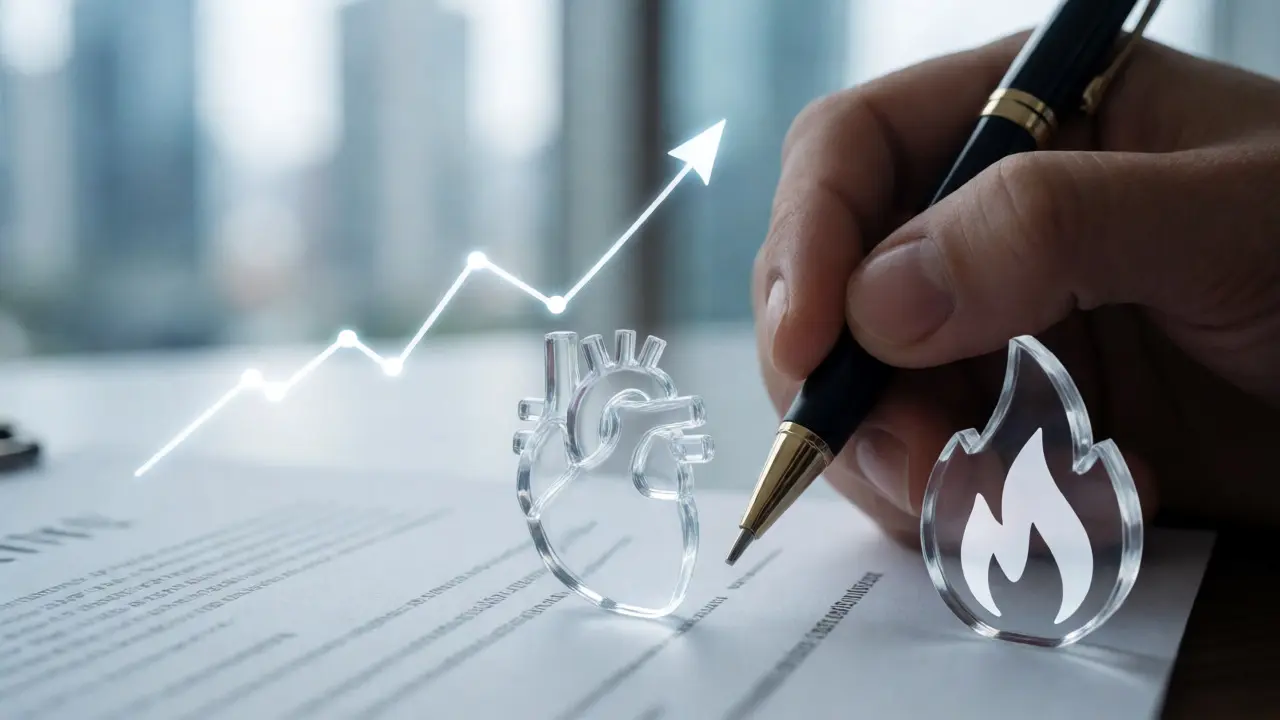 Mano sobre contrato con iconos de vida y fuego y gráfico ascendente