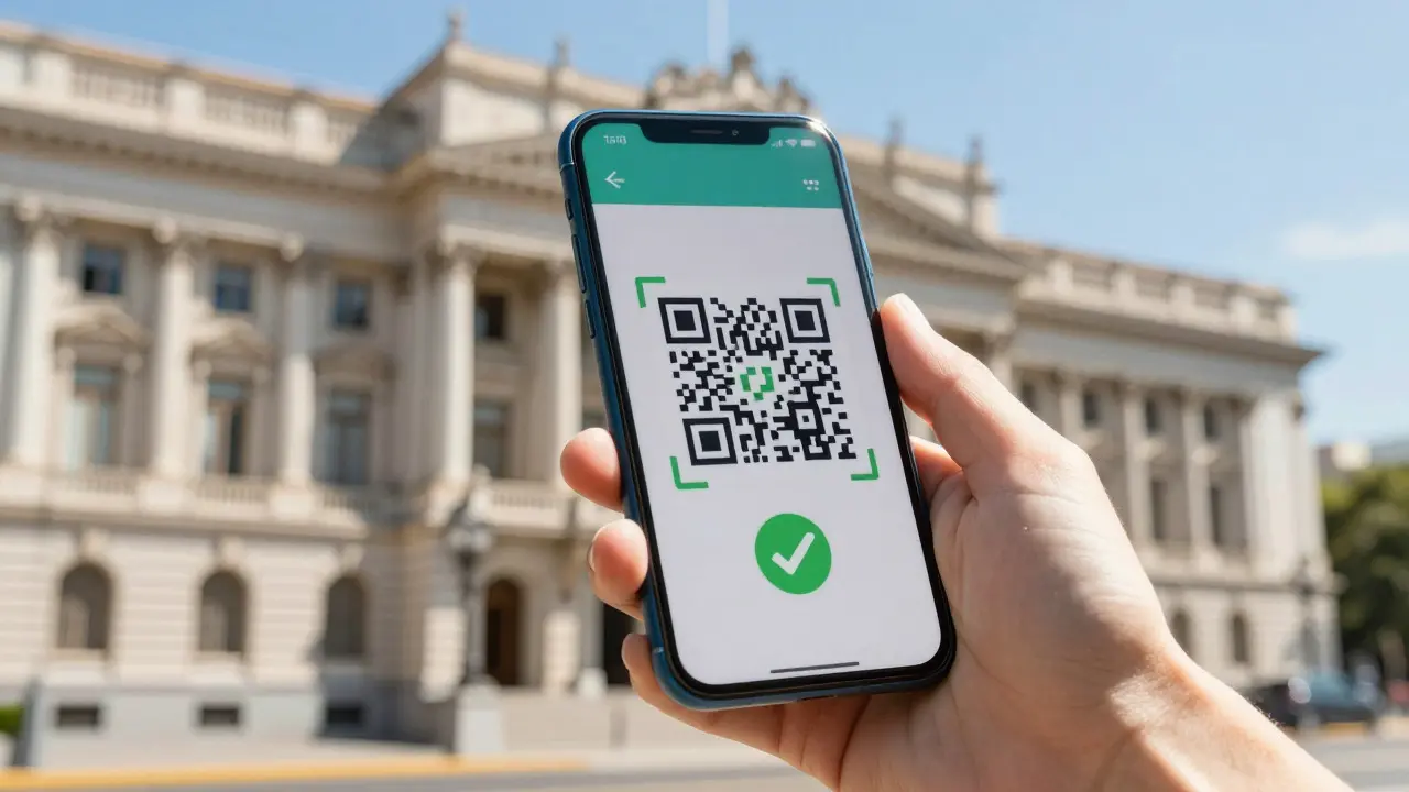 Mano sosteniendo teléfono con código QR para pago tributario digital