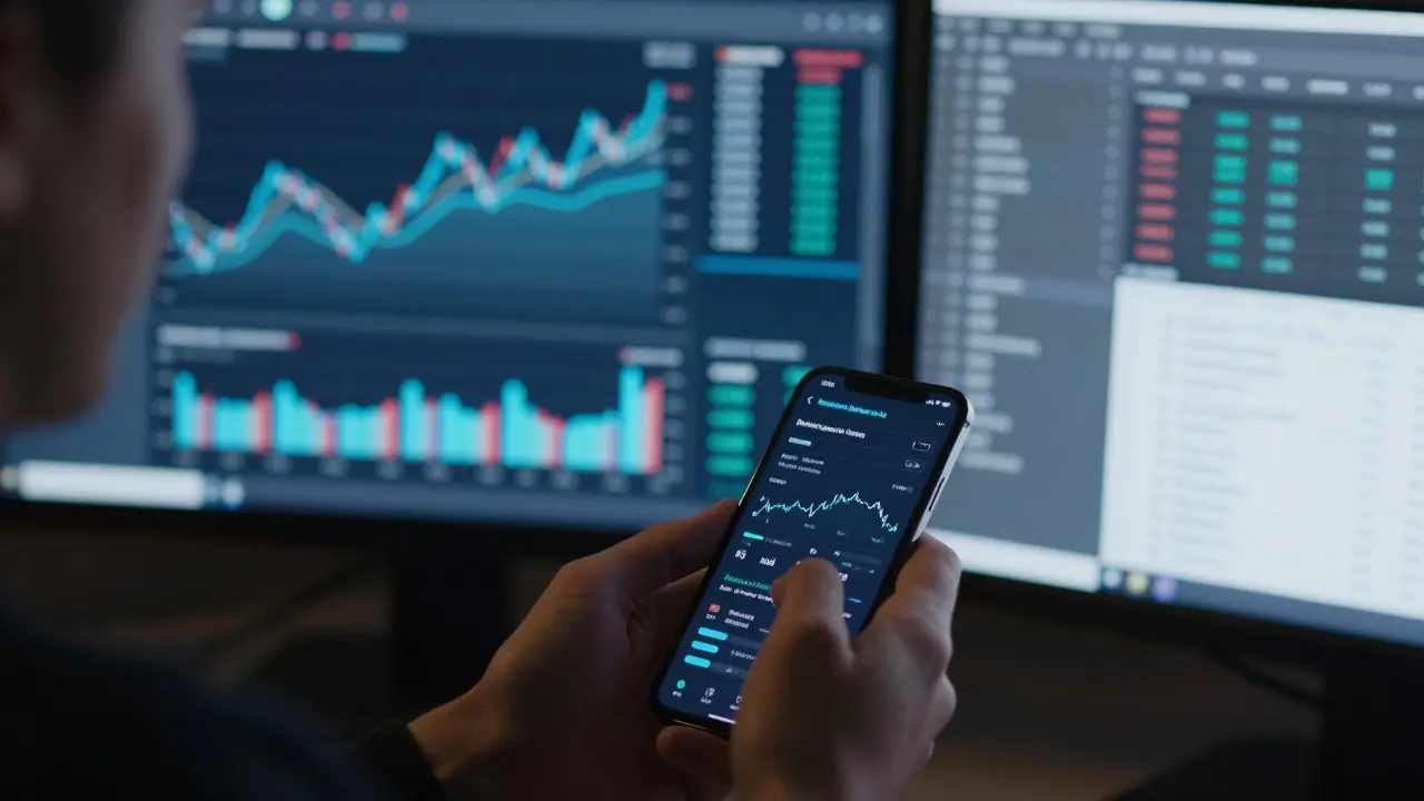 Mano sosteniendo un teléfono frente a monitores que muestran gráficos financieros en tiempo real
