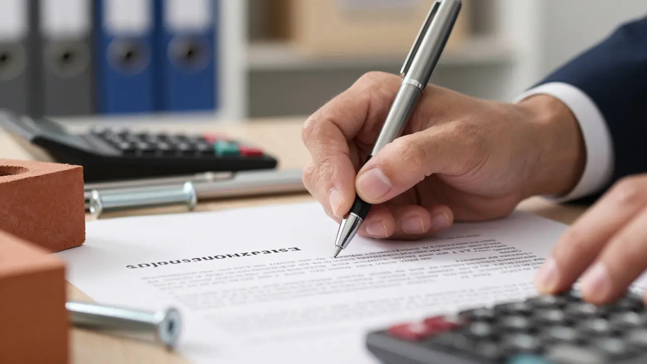Manos firmando contrato junto a materiales de construcción