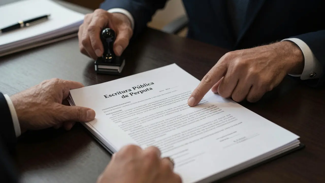 Manos firmando documentos legales de permuta ante un notario con escrituras
