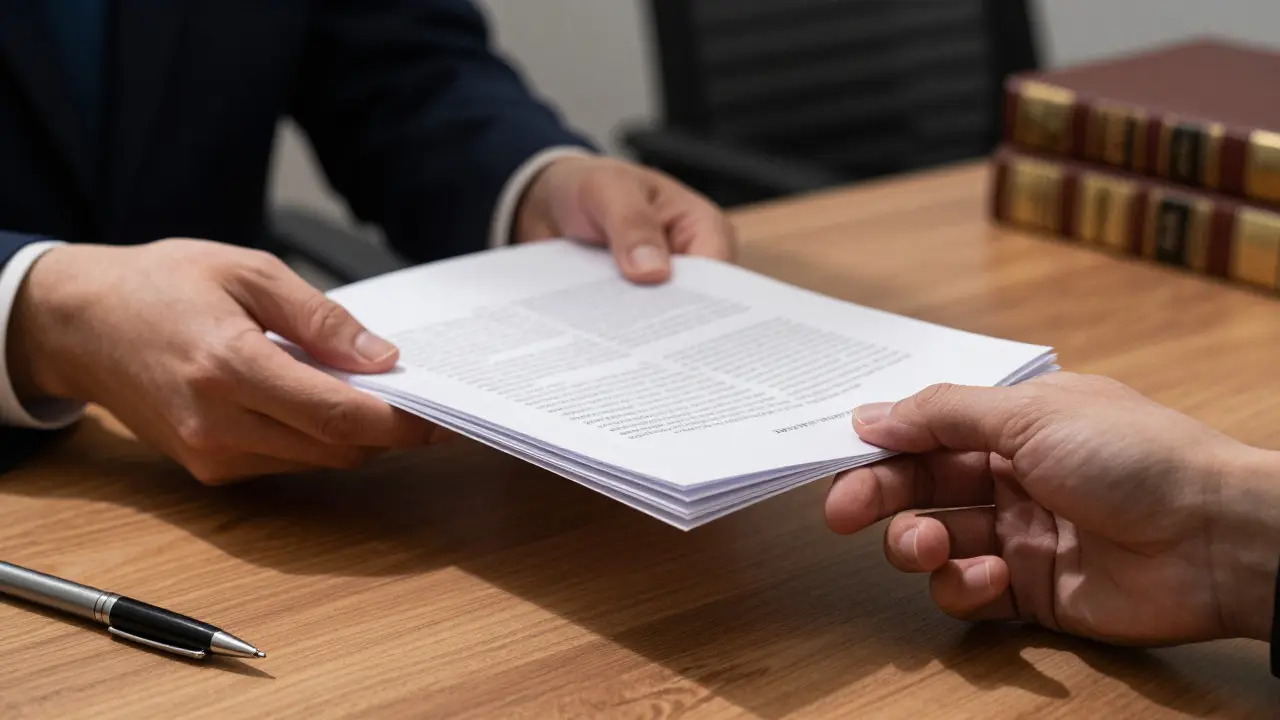 Manos intercambiando documentos sobre una mesa con tensión visible
