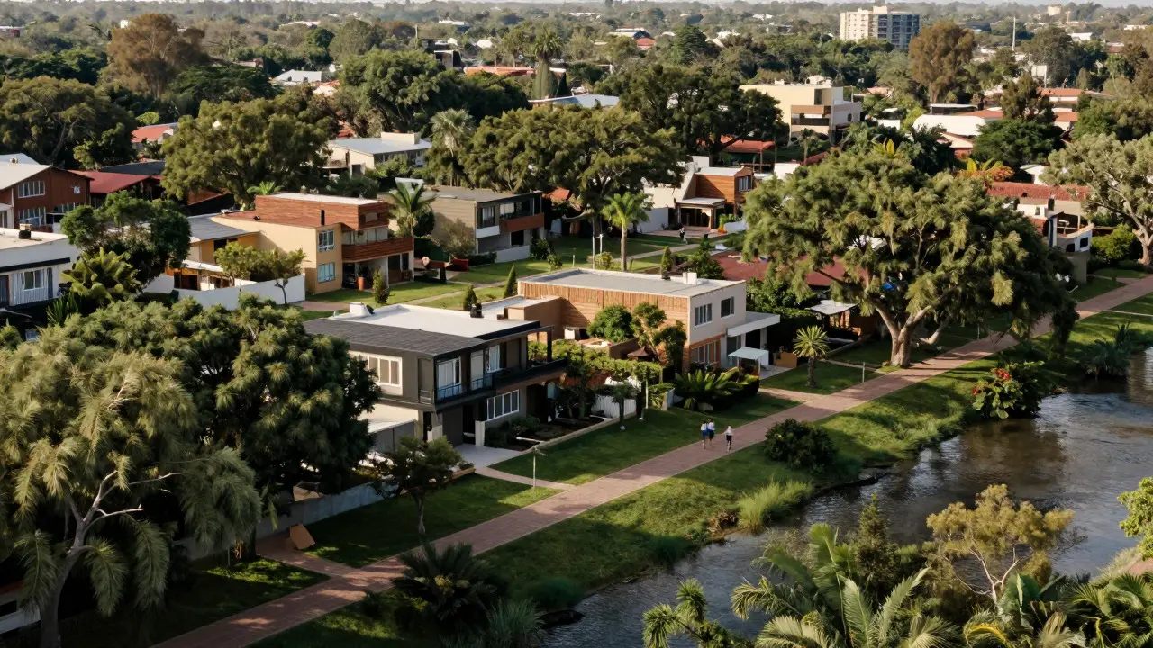 Peaceful residential area in Western Argentina with trees, rivers, and bike paths