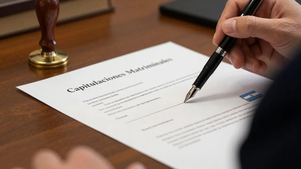 Pluma sobre documento de capitulaciones matrimoniales en escritorio