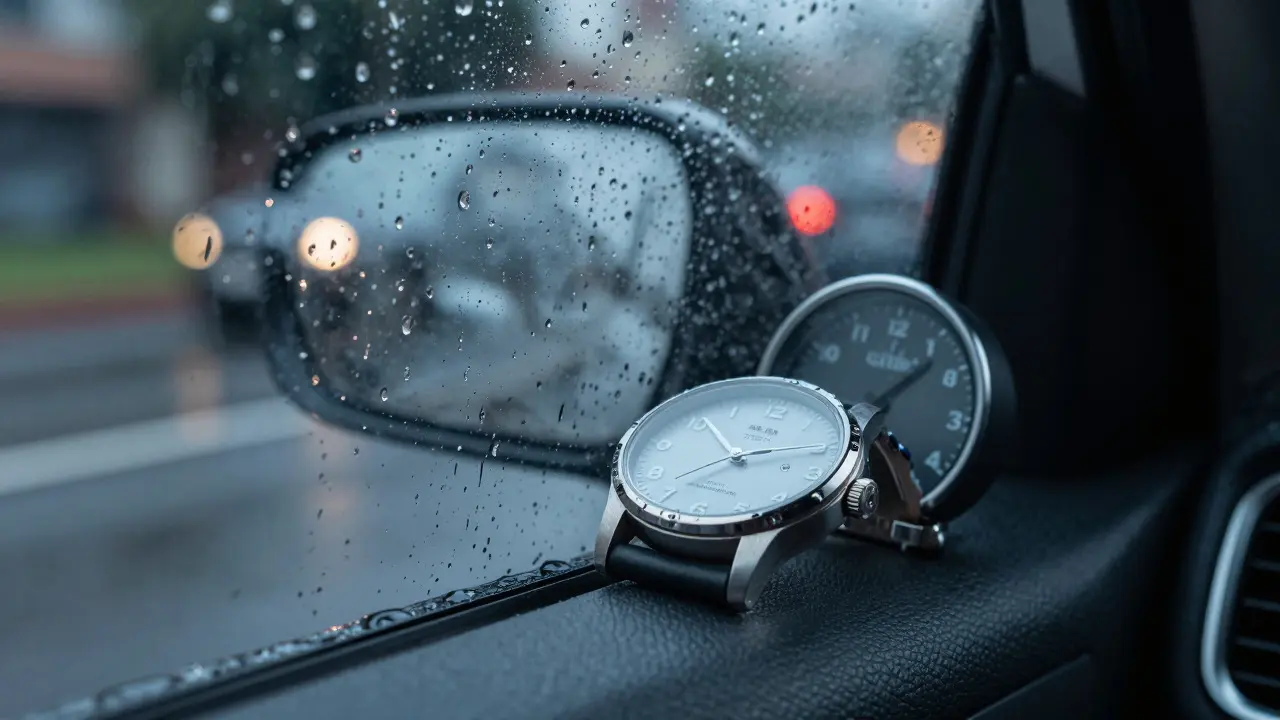 Reloj de pulsera y lluvia en la ventana durante el viaje matutino