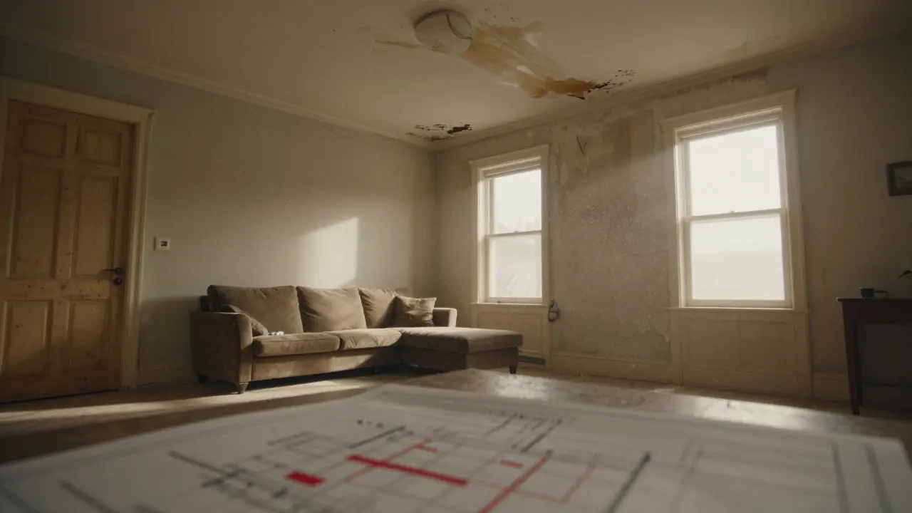 Sala vacía con daños estructurales visibles representando costes ocultos