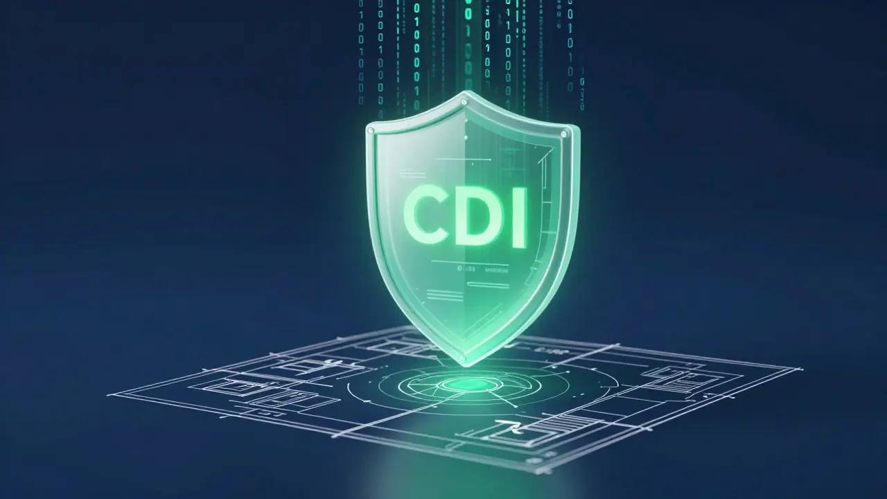 Sello digital brillante sobre plano de casa simbolizando seguridad fiscal