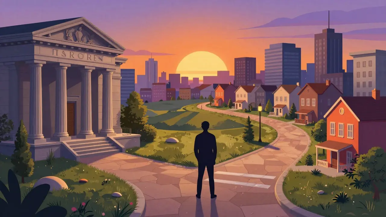 Silueta eligiendo entre camino bancario tradicional y alternativas inmobiliarias