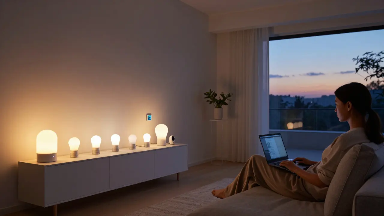 Smart home interior at dusk with connected devices and a person using a laptop