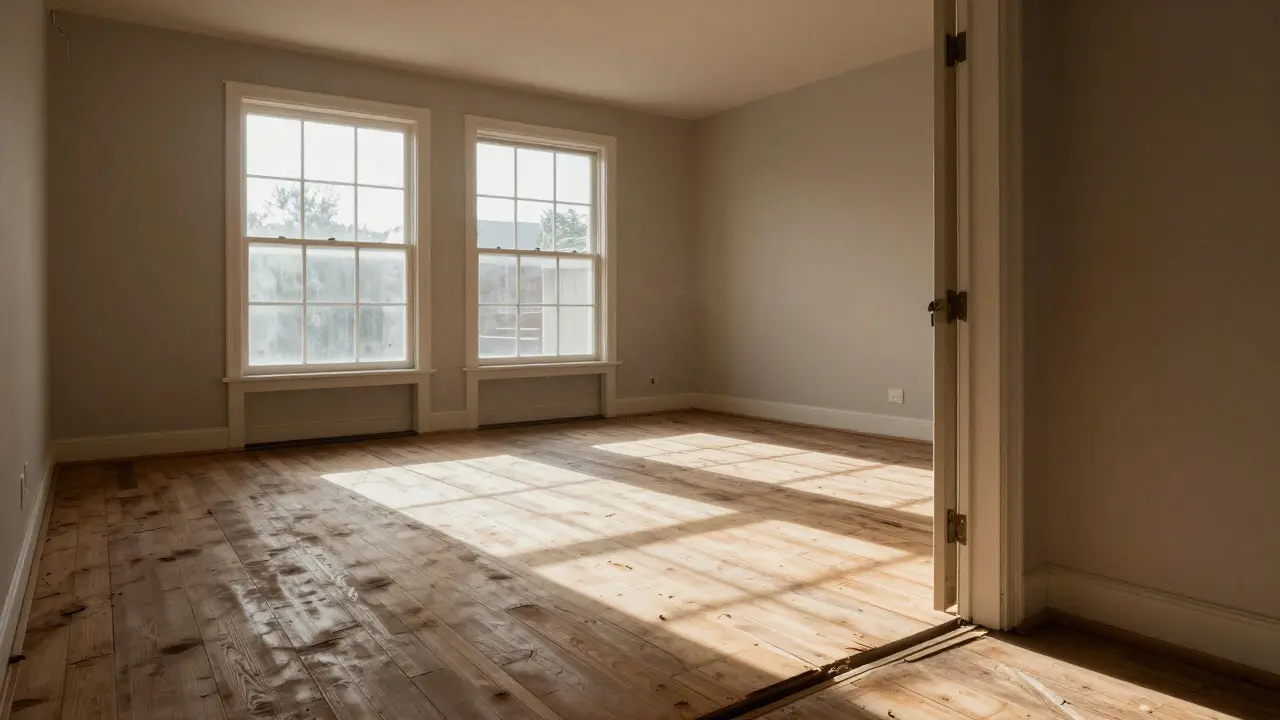 Suelo de madera desigual y marco de puerta desalineado en una habitación soleada