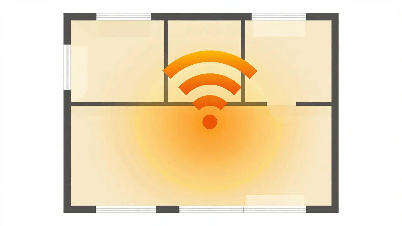 Top-down illustration of Wi-Fi signal waves spreading through a house floor plan