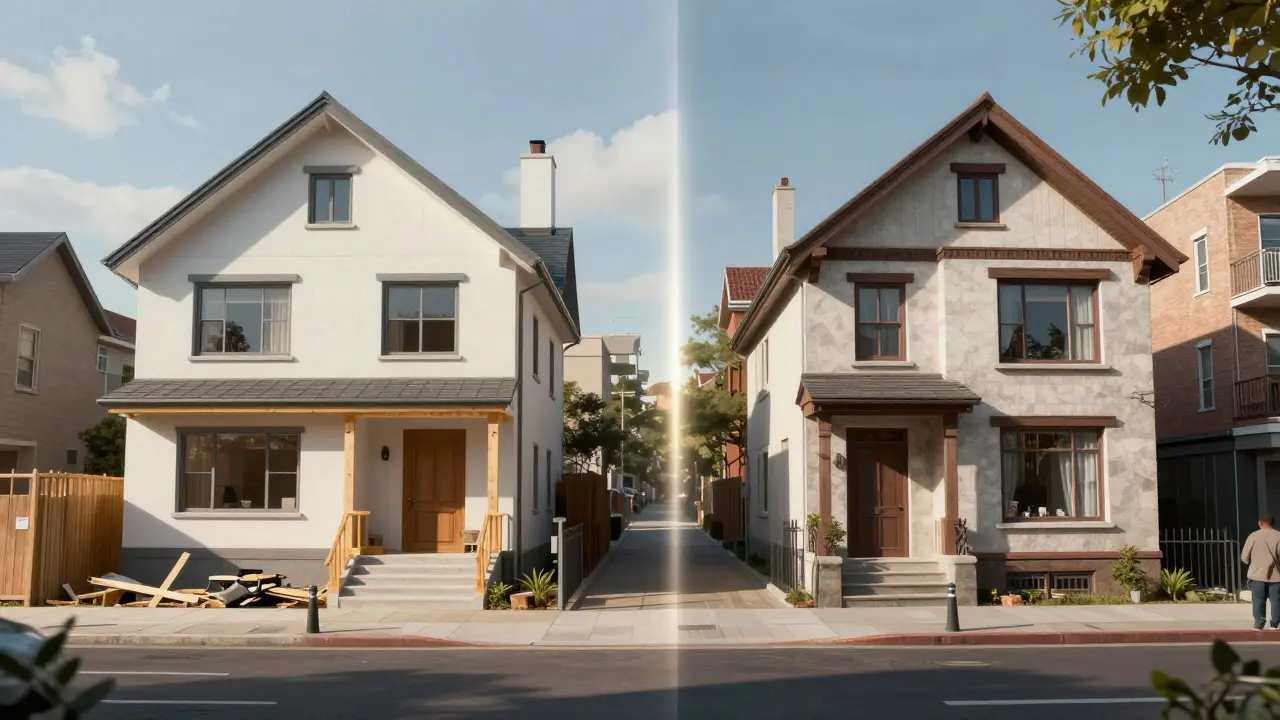 Visualización arquitectónica que contrasta el método de costos con el de comparables inmobiliarios