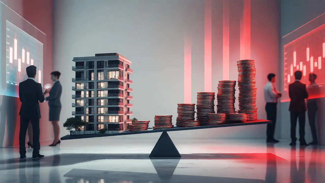 Báscula conceptual equilibrando un edificio y monedas que representan inflación.