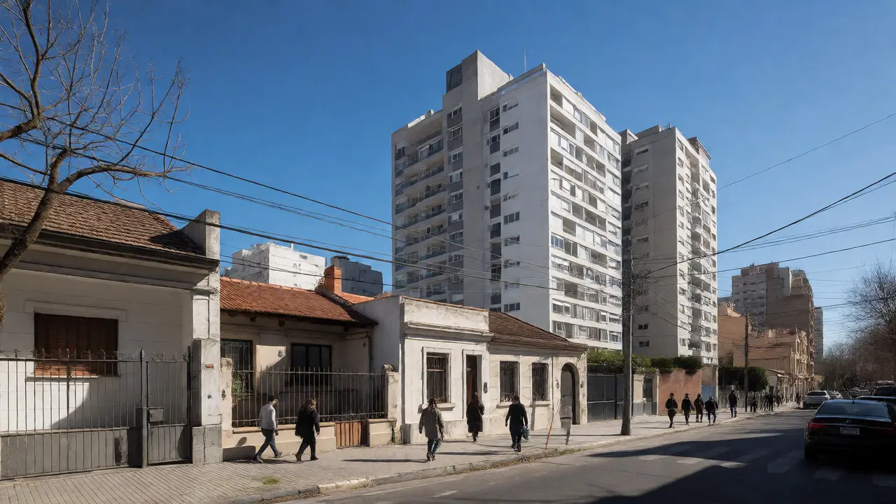 Calles vibrantes de Saavedra con edificios modernos y gente caminando