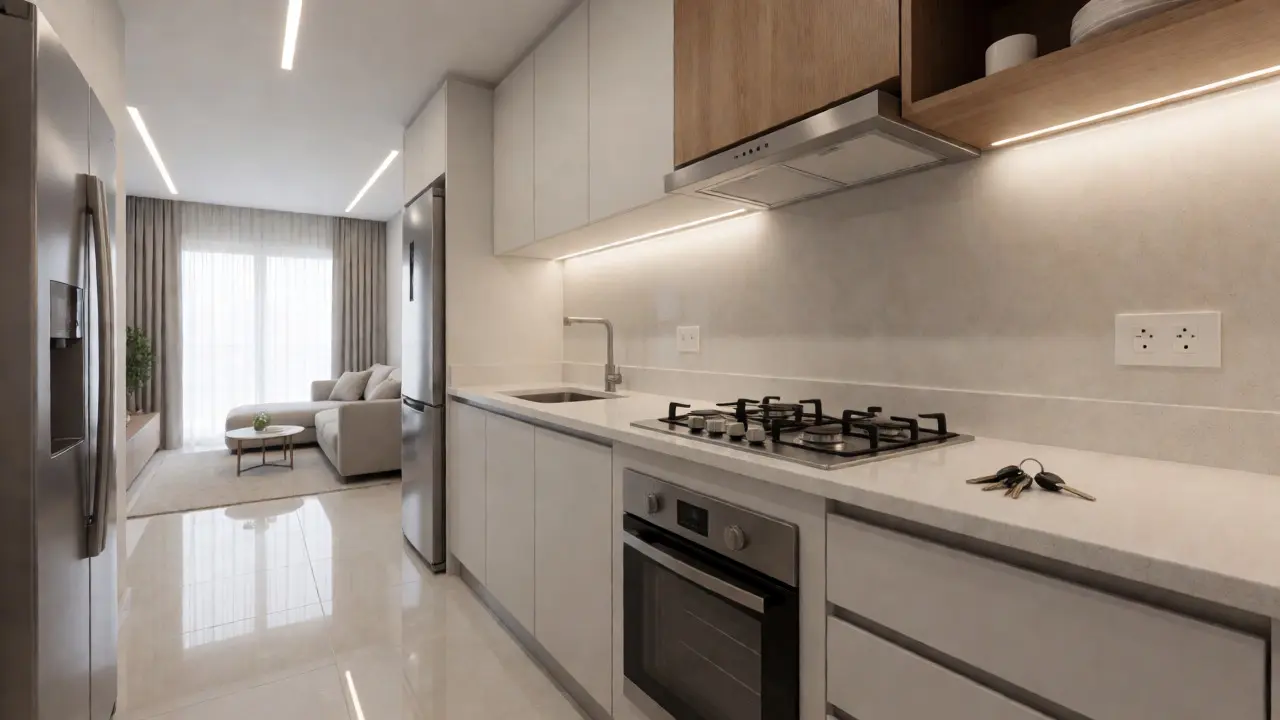 Cocina moderna terminada llave en mano con muebles de cocina y electrodomésticos.