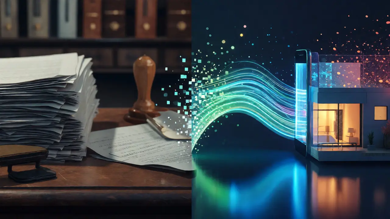 Comparación visual entre trámites burocráticos en papel y la agilidad de las fintech digitales.