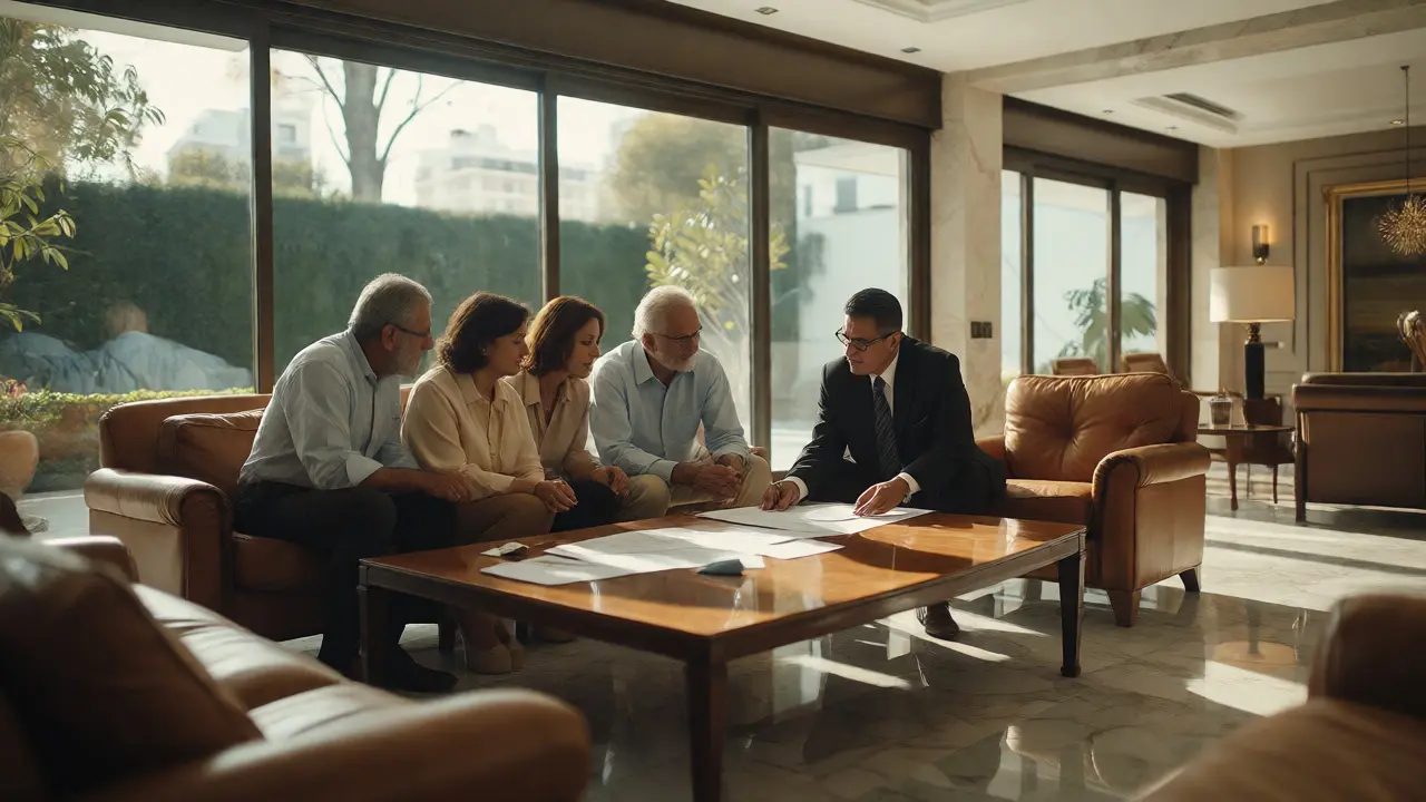 Compradores extranjeros revisando documentos con un broker