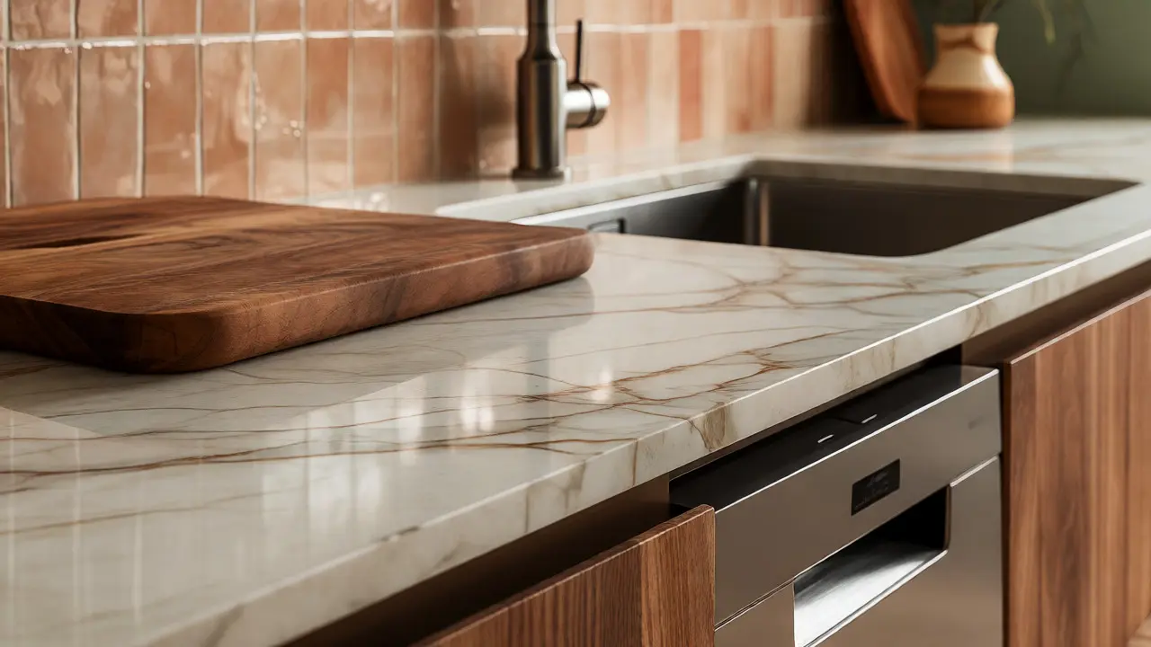 Detalle de encimera de porcelánico y madera con detalles tecnológicos