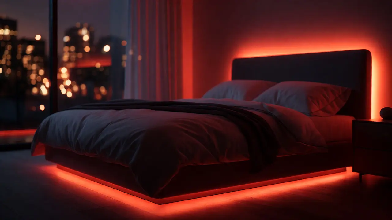 Dormitorio nocturno con iluminación ambiental tenue y cálida