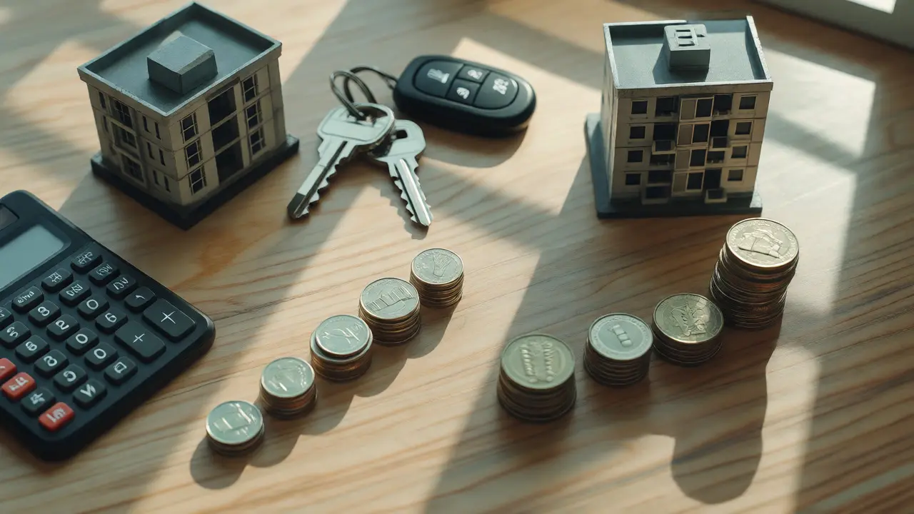 Escritorio con elementos financieros y llaves que ilustran la estrategia de inversión inmobiliaria.