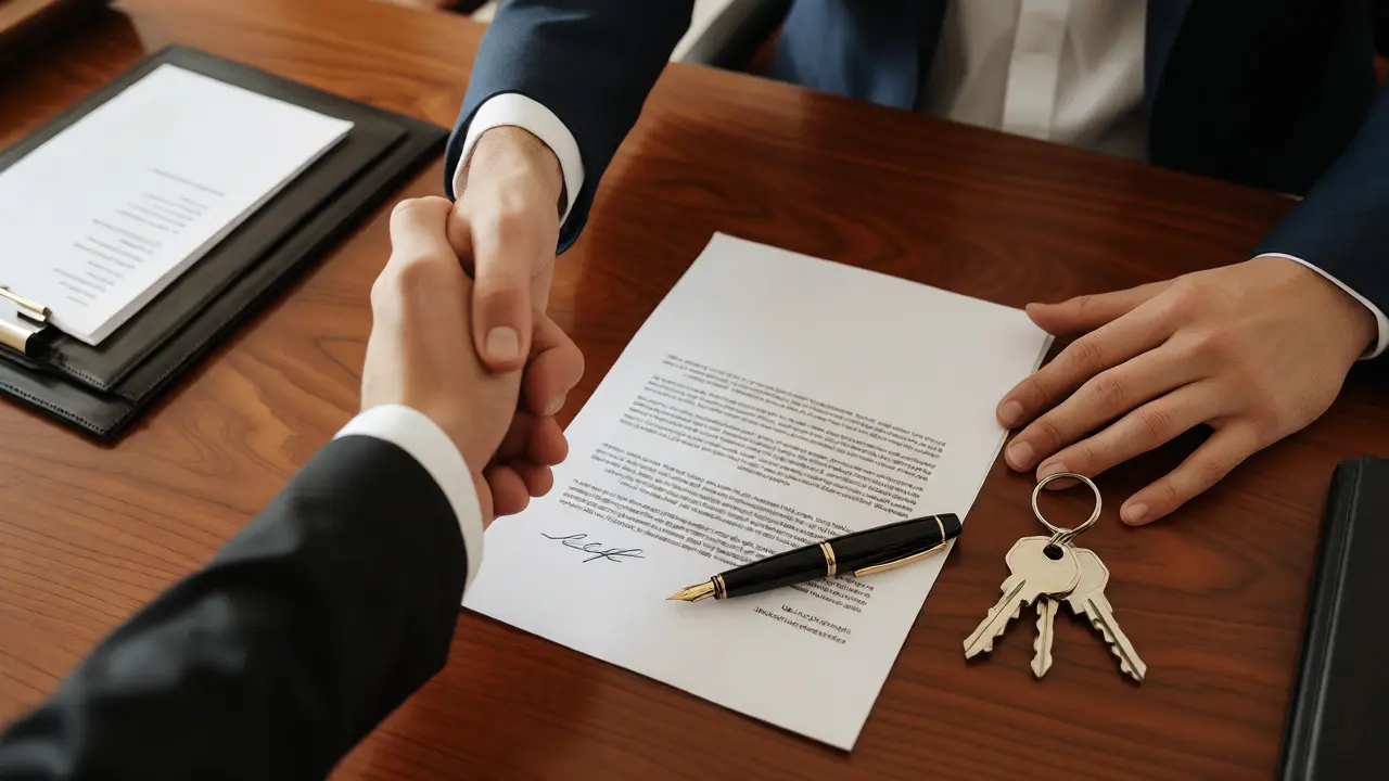 Firma de escritura y entrega de llaves en oficina de escribano público.