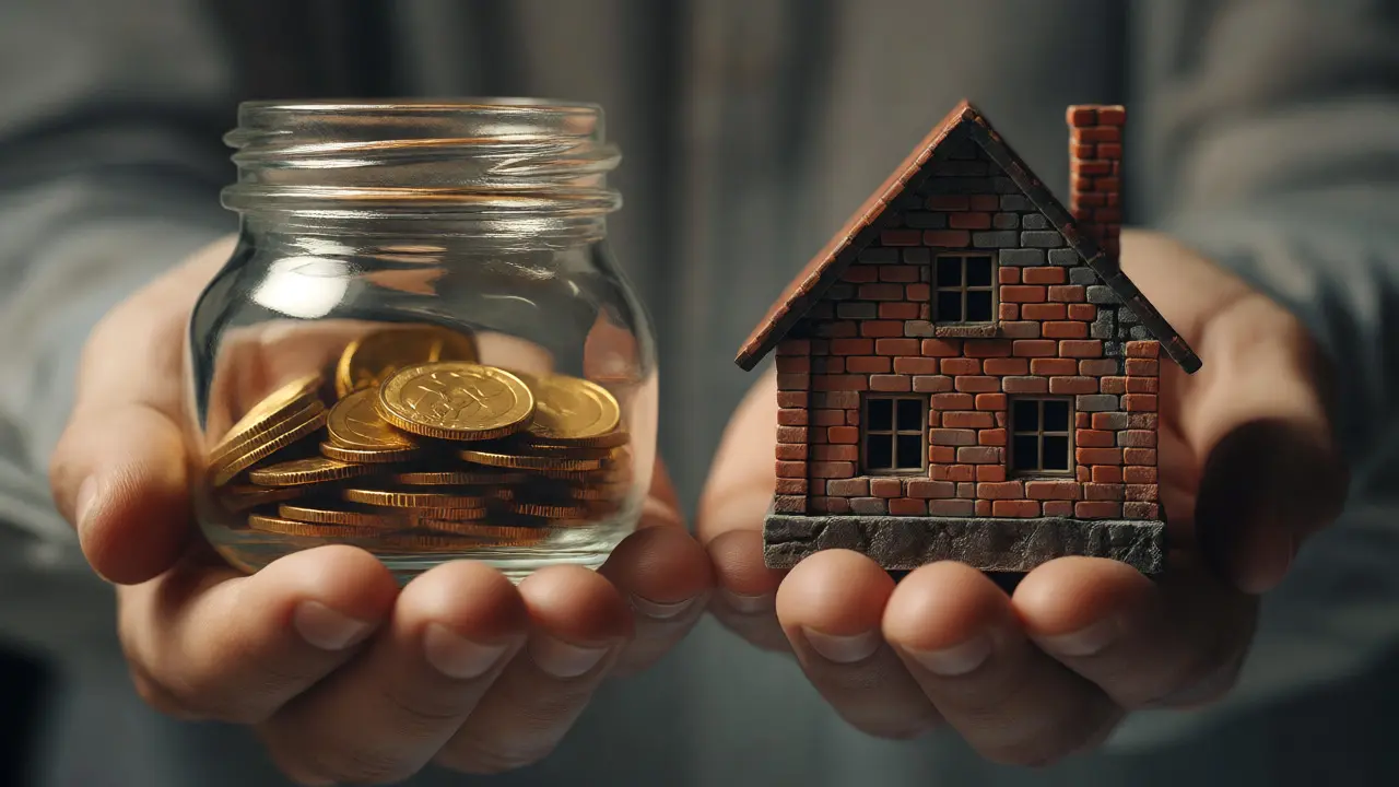Hands holding a jar of gold coins and a miniature house model representing financial choices